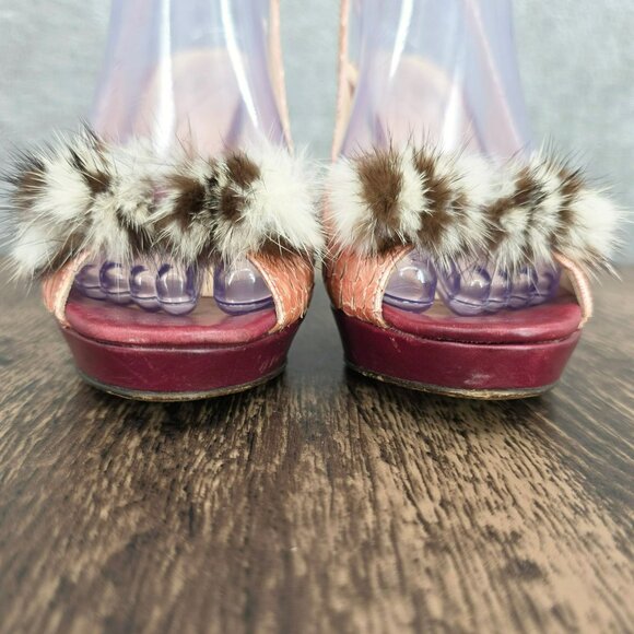 Kate Spade New York Slingback Peep Toe Heels 8.5 B Pink Red Leather Fur Scaled - Picture 4 of 16